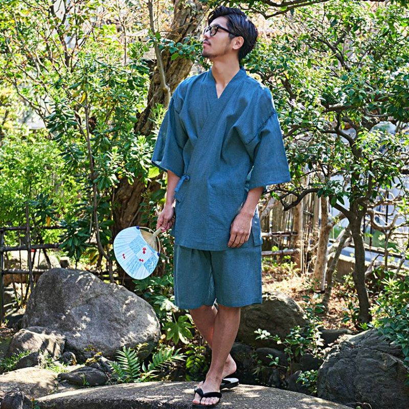 紬甚平 男性用甚平 men's jinbei 2025：No.06「藍色縞」｜京都きもの町